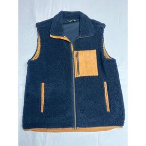 Orvis Mens Sherpa Fleece Vest Navy Blue Tan Full Zip Outdoor Layering Large